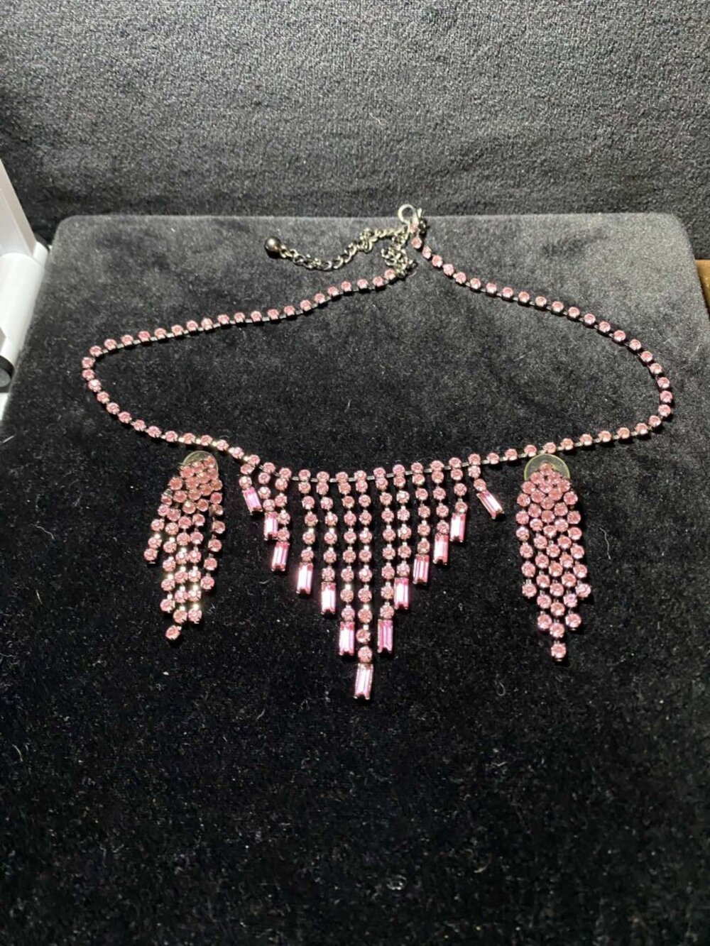 Vintage Pink Rhinestone Fringe Waterfall Round Rectangle Necklace Earring Set